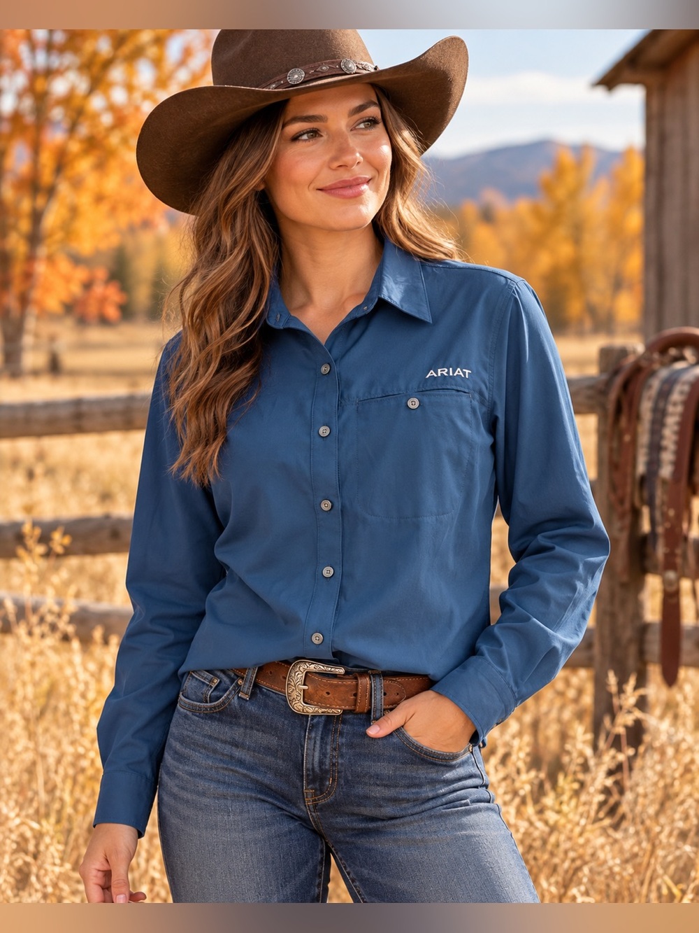 AriatTEK Women’s Blue Long Sleeve Button Down Western Shirt Size Medium
